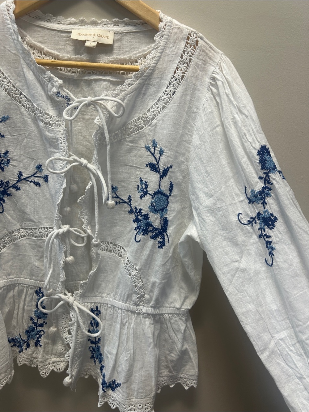 Jennifer & Grace Beautiful White Tie-Front Blouse with Blue Floral Embroidery - Picture 3 of 11